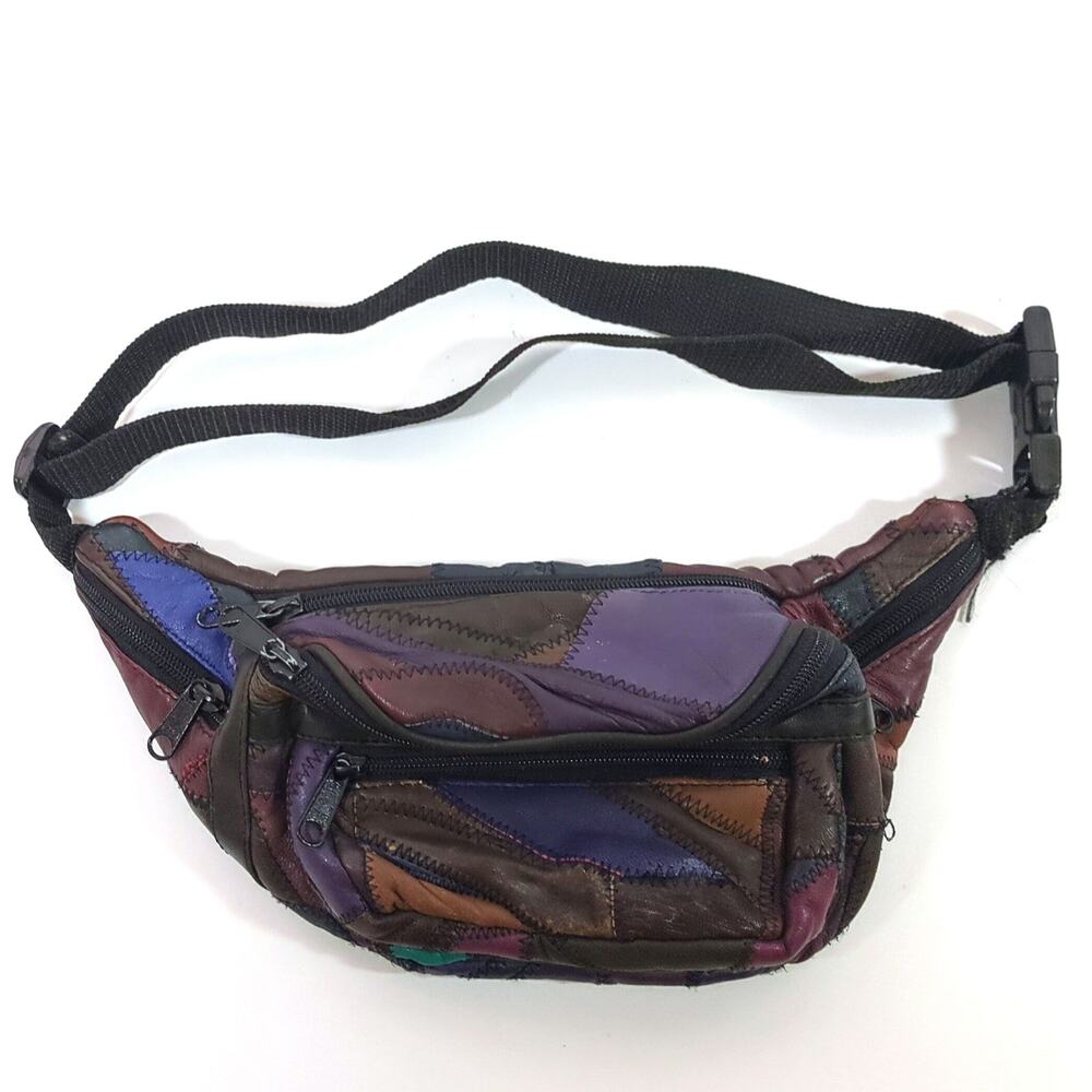 VTG Leather Patchwork Fanny Pack Brown Purple Blue Tan Belt Bag 9 x 5.5 x 3" 80s - Picture 2 of 10